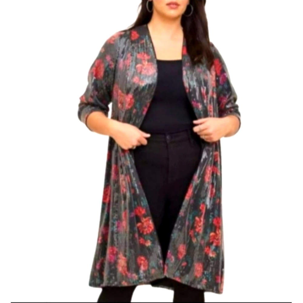 Torrid Red and Black Sequin Floral Kimono with Bold Elegance